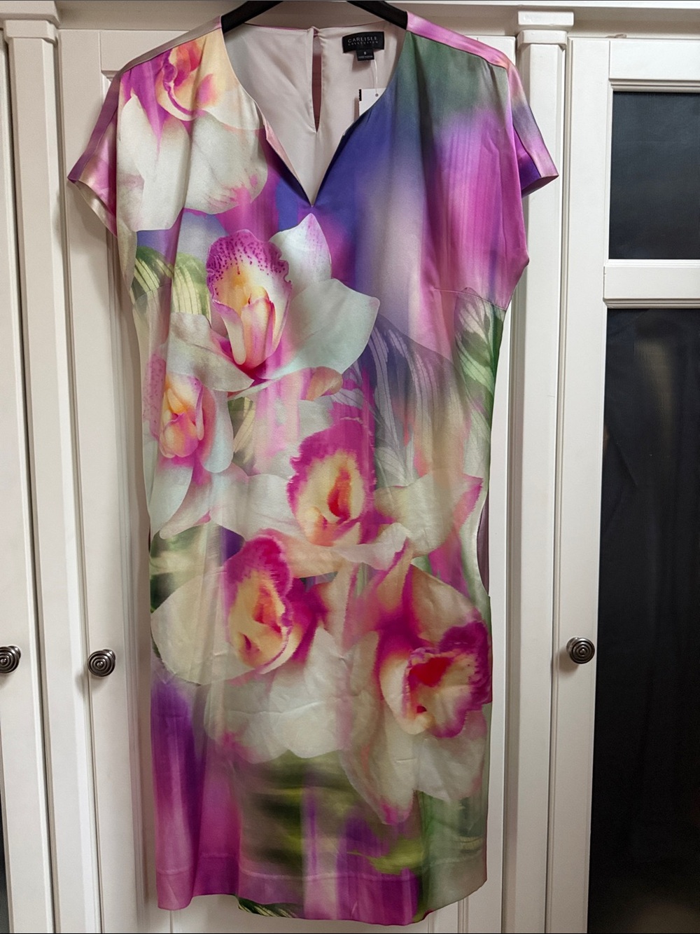 CARLISLE Pink Floral V-Neck Silk Mini Dress